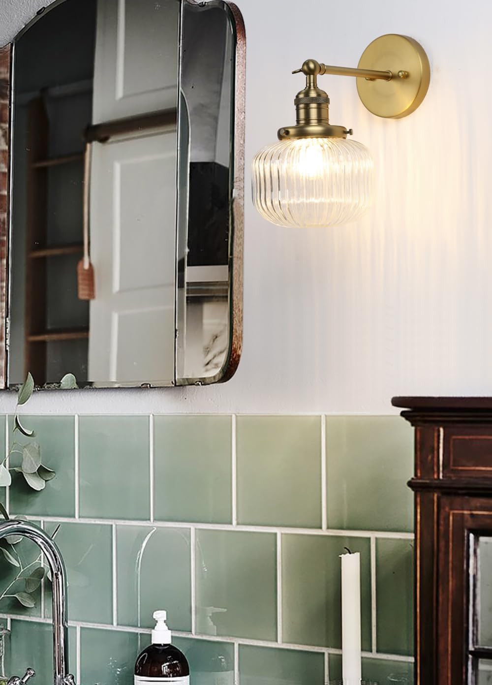 PERMO Single Sconce Vintage Industrial Wall Sconce Light Fixture with Flate Globe Ribbed Shade for Bedroom Livingroom Bathroom (Brass Gold)