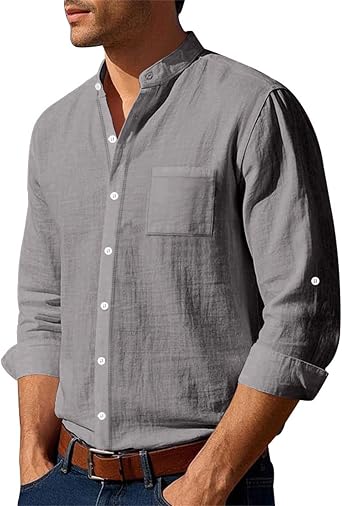 WSLCN Mens Linen Shirts Grandad Collar Long Sleeve Button Down Shirts