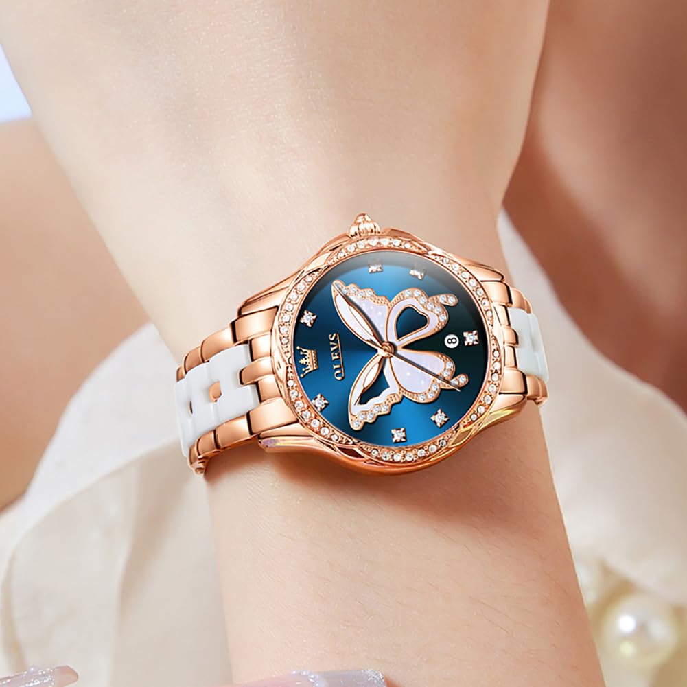OLEVS Damen-Diamantuhr Elegante Luxus-Armbanduhr Damenuhr aus Roségold mit Keramikglas