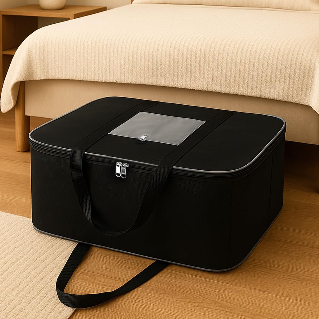 HomeStrap Nylon Large Underbed Storage Bag/Cover/Organizer for Clothes, Blanket, Quilt, Shoes and Books with Handle and Zip Closure- (Capacity - 70 Litres | Black & Grey) (Pack of 1)-image-2