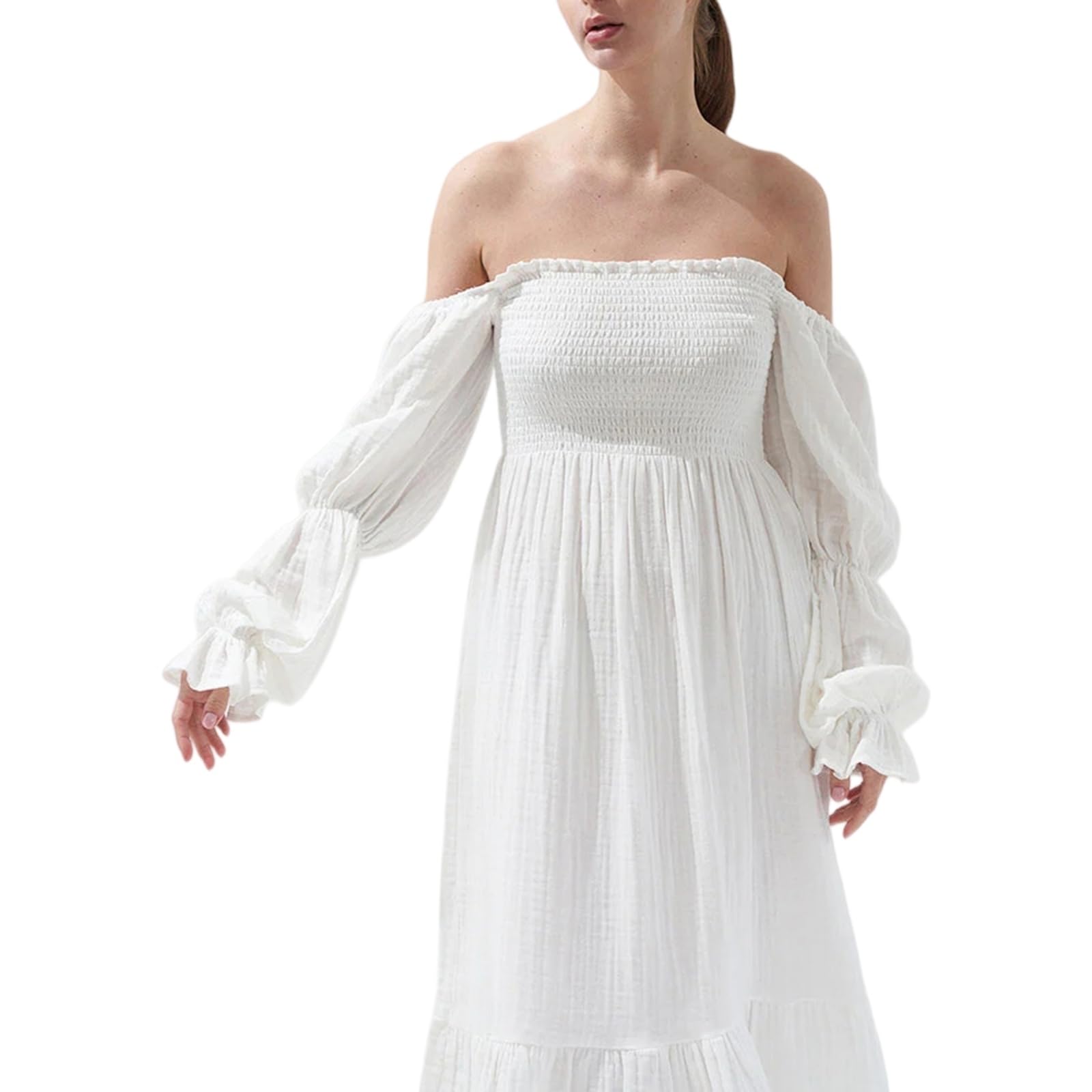 Vestito Donna Floral Midi Abito Fuori Spalla Quadrato Collo Puff Manica Lunga Elegante da Sposa Ospite-White-l