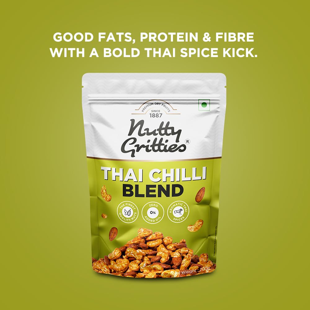 Nutty Gritties Thai Chilli Blend Trail Mix 200g - Roasted Spicy Flavoured Almonds, Cashews and Peanuts| Healthy Party Snack | Dry Roasted, Non Fried, Zero Oil, Crunchy, Tasty