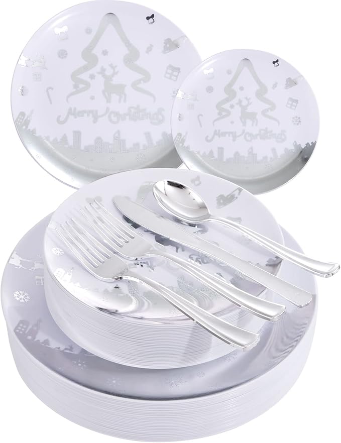 LUODA 150Pcs Christmas Plastic Plates with Silver