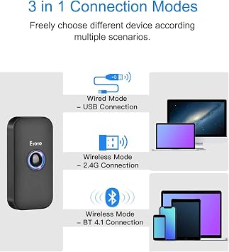 Eyoyo Portable Mini 1D Bluetooth Barcode Scanner with Case, Black | 3-in-1 Bluetooth&USB Wired&2.4G Wireless, Fast UPC Bar Code Scanning, Work with Windows, Android, iOS,Tablets or Computers