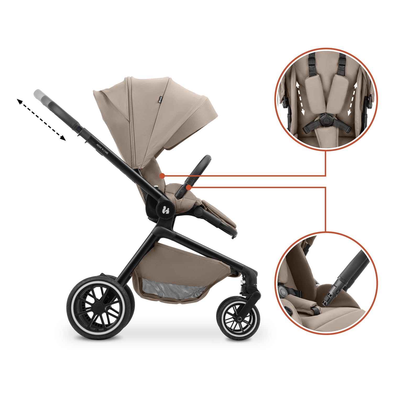 hauck Move N Care, Mocha - Passeggino Bidirezionale e Reclinabile dalla Nascita a 22 kg con Cappottina XL, Ruote di Gomma Ammortizzate - Manubrio Regolabile in Altezza, Adattatore Ovetto Incluso