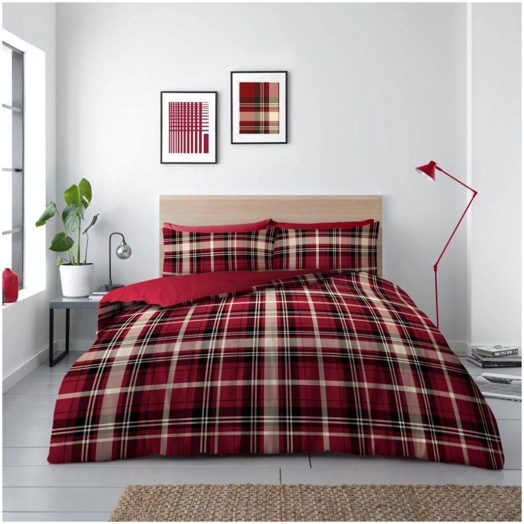 GC GAVENO CAVAILIA Tartan Check Bedding Sets King Size With Pillow Cases |Printed Microfiber Red Quilt Cover Sets | Reversible Kingsize Duvet Cover Sets