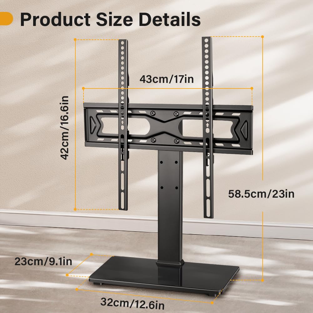 WKWKER Supporto universale per TV LED LCD da 27 a 65 pollici, girevole da tavolo, con altezza regolabile a 30 gradi, base per TV con base in vetro temperato, max VESA 400 x 400 mm