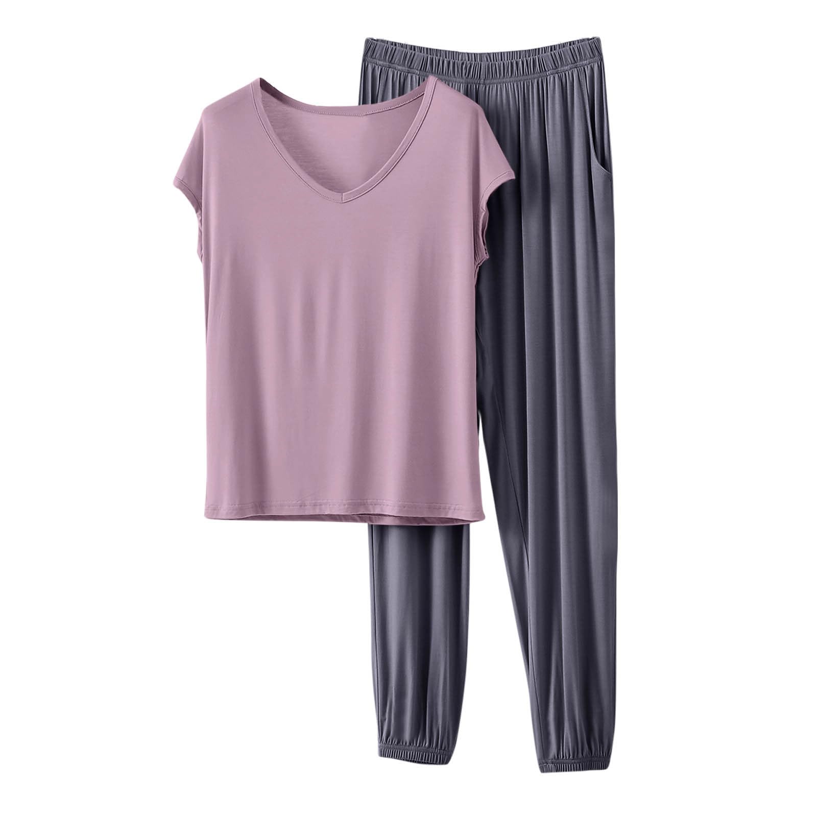 HGps8w Women's Modal Soft Summer Pajamas Sets, Loose V Neck Short Sleeve Top Joggers Pants Matching 2 Piece Lounge Outfits