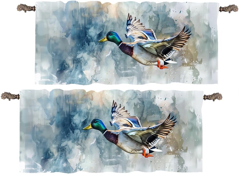 2 Panels Mallard Duck Fantasy Window Valances, Farmhouse Wildlife Theme Window Treatment Decor Curtains Rod Pocket Valances for Kitchen/Living Room, 54" X 18"