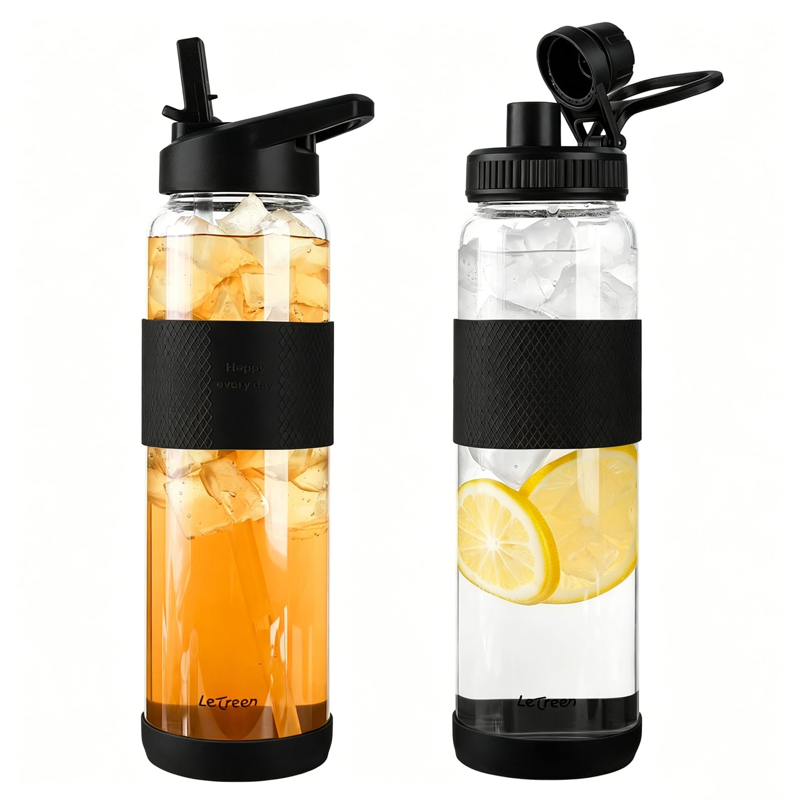 LETREEN 1L 1000ml Glass Water Bottle with Straw and Handle, 1 Pack