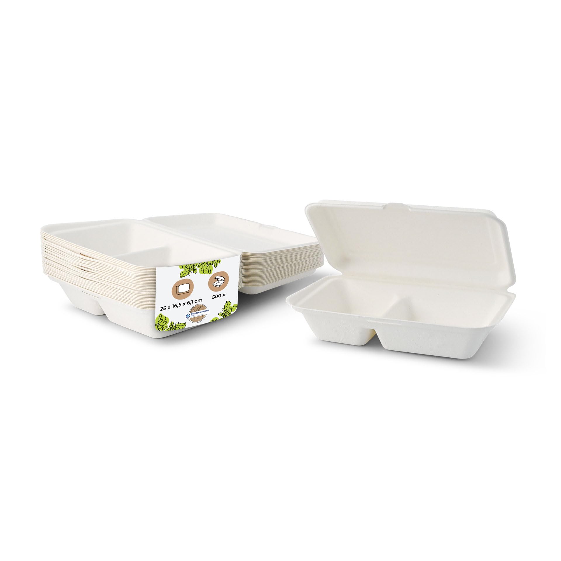 BIOZOYG Cuenco orgánico desechable biodegradable de bagazo de caña de azúca r650ml I Caja almuerzo 2 divisiones con tapa I 500 cuencos rectangular para menú 25 x 16,5cm blanco