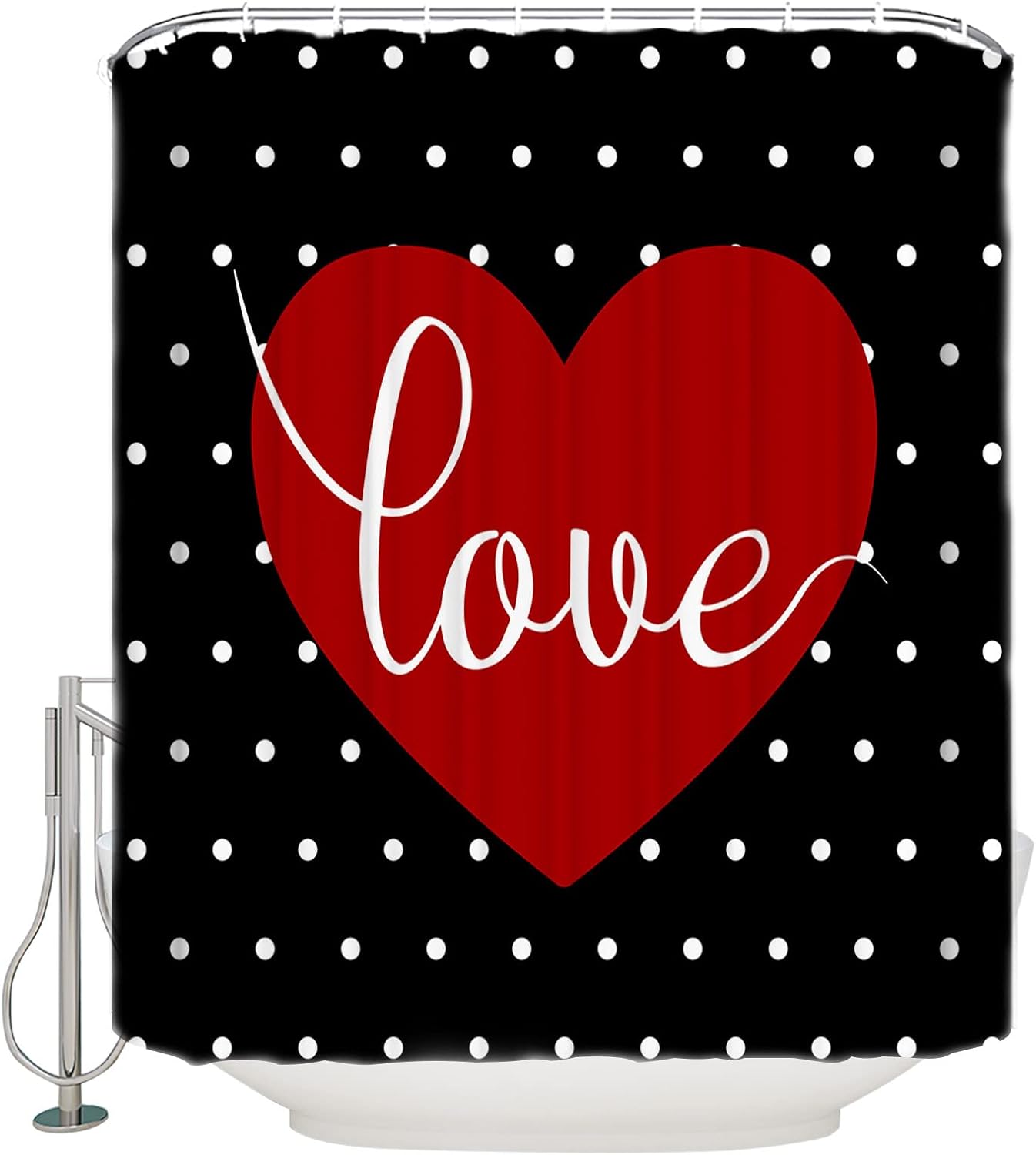 Fabric Shower Curtain for Bathroom 72"W x 78"L Valentine's Day Red Love Heart Black Wave Point Shower Curtain with Hooks Bathroom Decor Waterproof Shower Curtains Machine Washable for Home Hotel