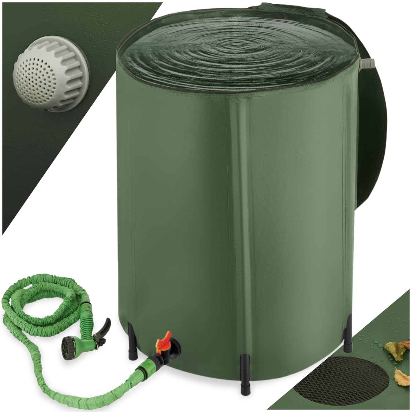 Tectake 250 L Tectake® Collapsible Water Container With Overflow Protection - Weather-Resistant & Rust-Free Water Butt With Protective Grate, Tap & Floor-Safe Plastic Feet, Stable Structure & Quick Setup - 250L