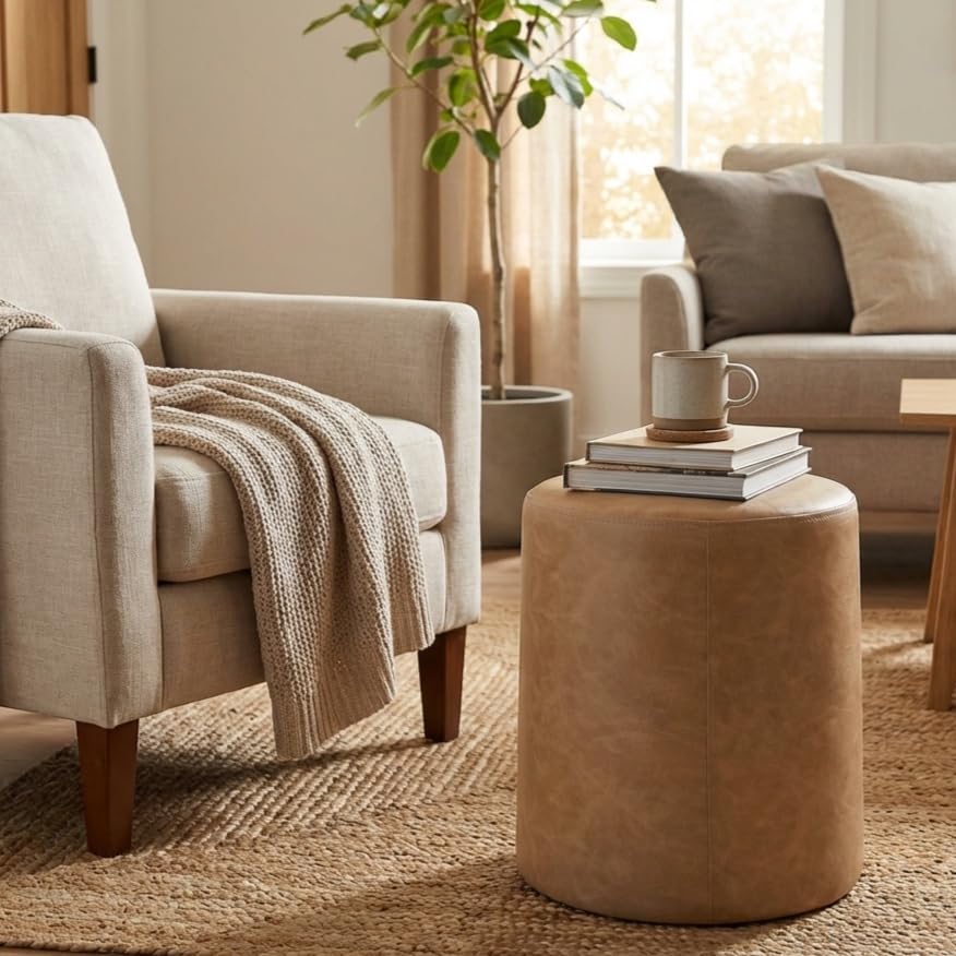 Image of HomePop 17 inch Organic Shape Ottoman - Sand Faux Leather