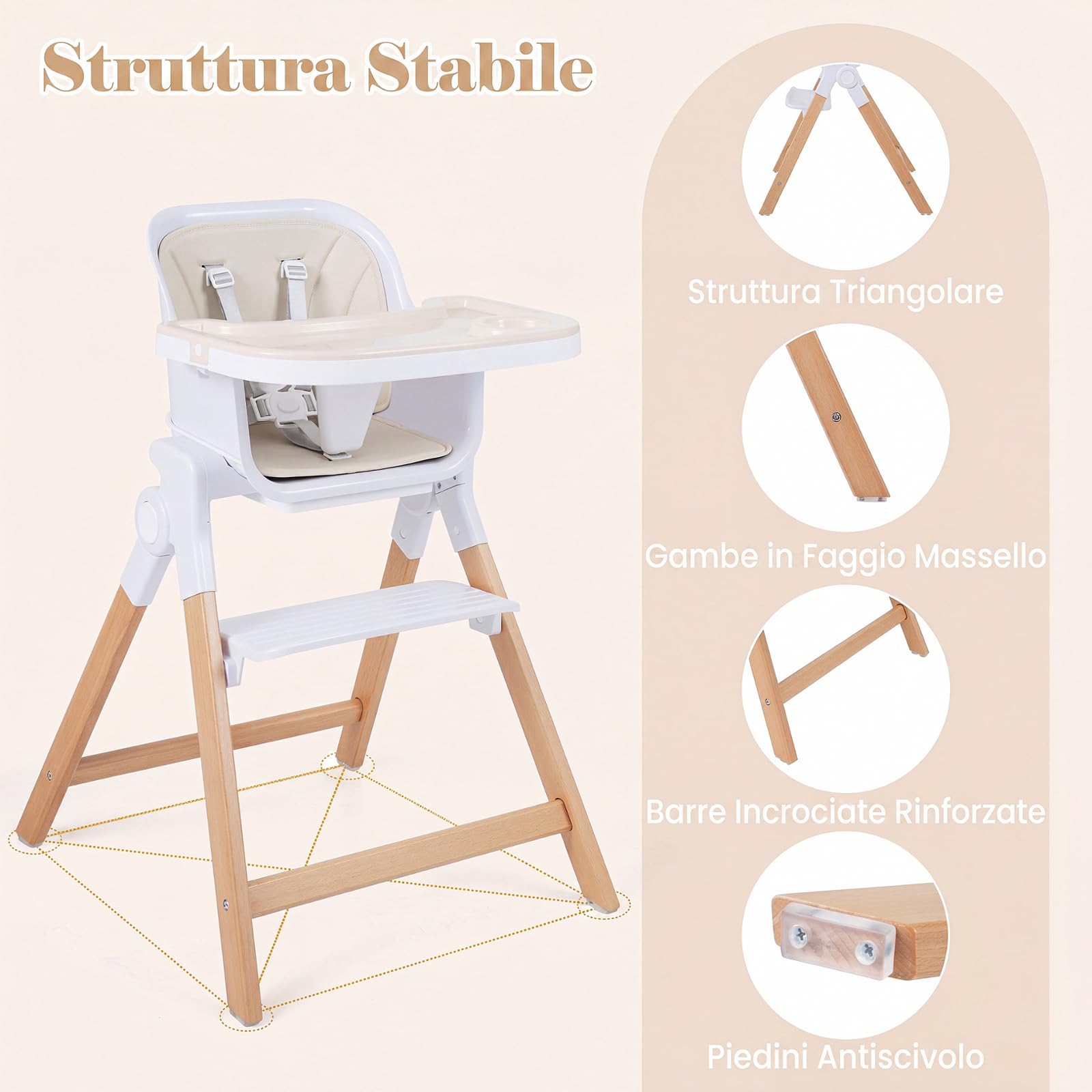 COSTWAY Seggiolone Pappa Pieghevole 4 in 1 con Cuscino di Seduta (Beige) | Seggiolone per Neonati 6-36 Mesi con Vassoi Rimovibili, Portabicchieri, Cintura di Sicurezza e Gambe in Legno