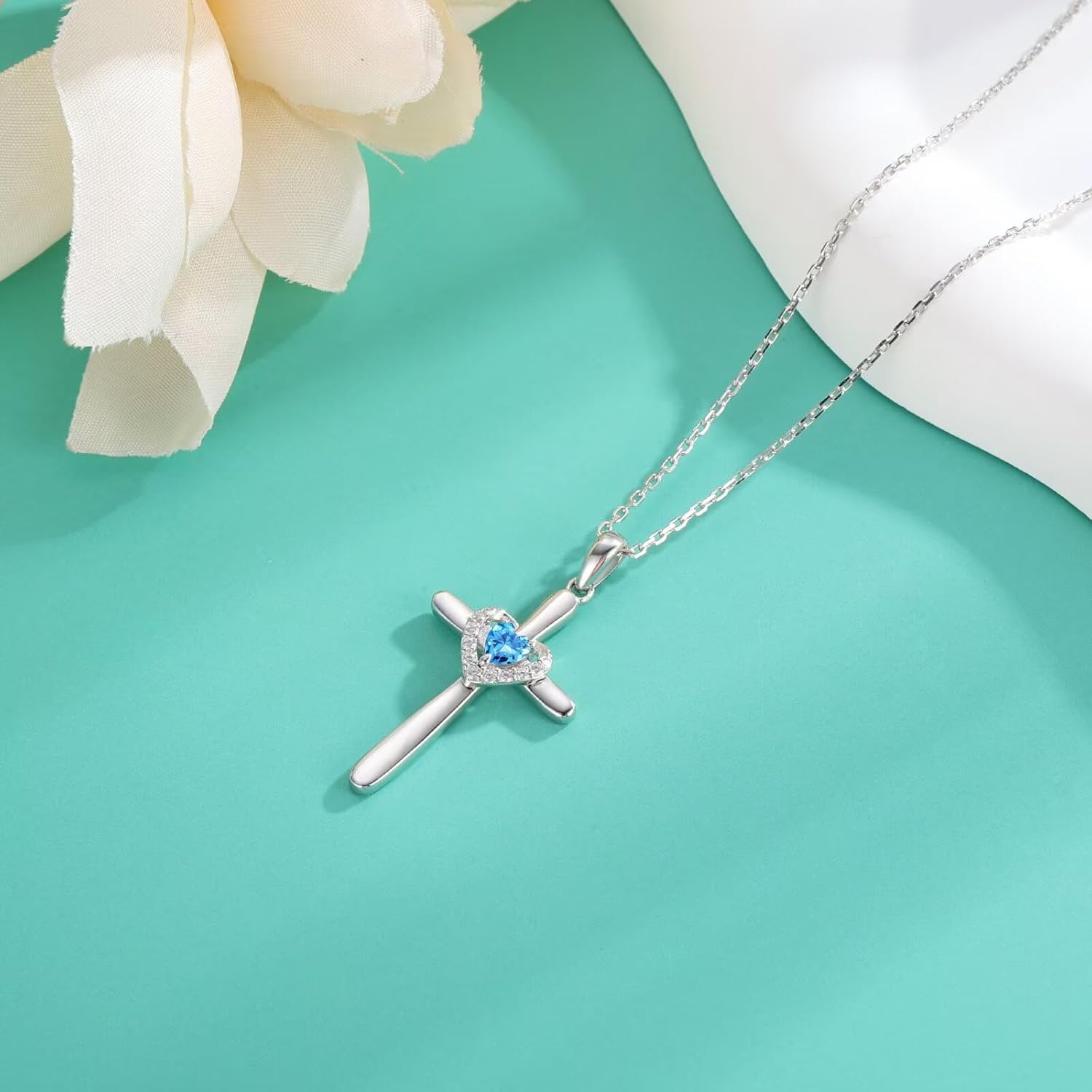 Iefil Cross Necklace for Women - 925 Sterling Silver Heart Cross Necklace Birthstone Jewelry Gifts for Women Wife Mom Girlfriend - Image 5