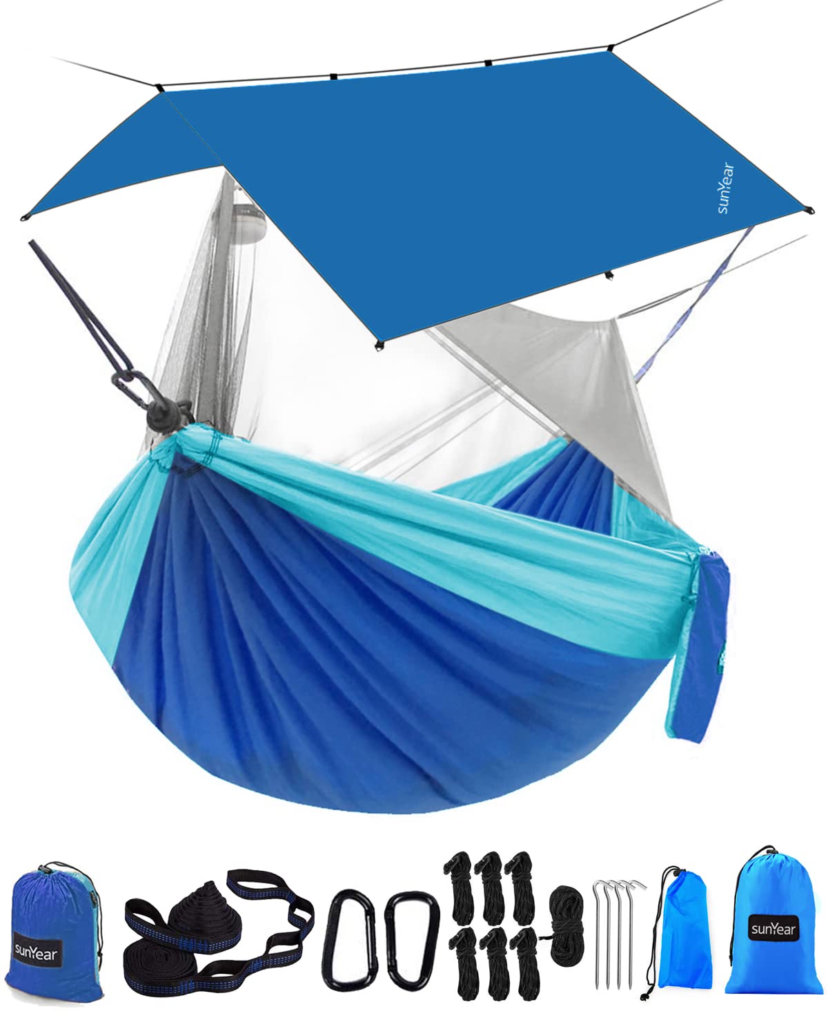 Sunyear Hammock Camping with Rain Fly Tarp and Net, Portable Camping Hammock Double Tree Hammock Outdoor Indoor Backpacking Travel & Survival, 2 Tree Straps,100% Waterproof