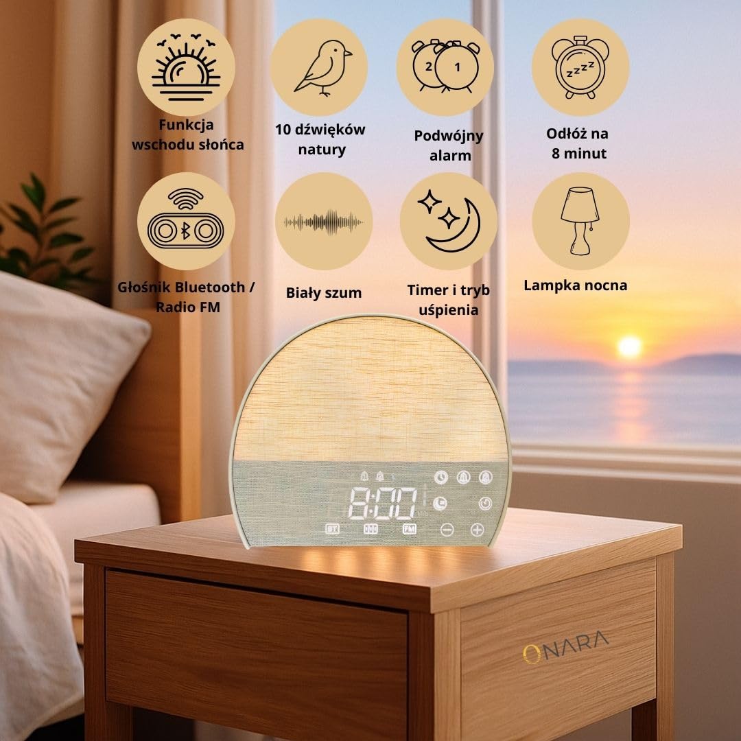 Budzik wschodu słońca, relaksujące dźwięki, biały dźwięk, głośnik Bluetooth, radio FM, minutnik snu, regulowana jasność, podwójny budzik, lampka nocna, aby poprawić Twoje poranki