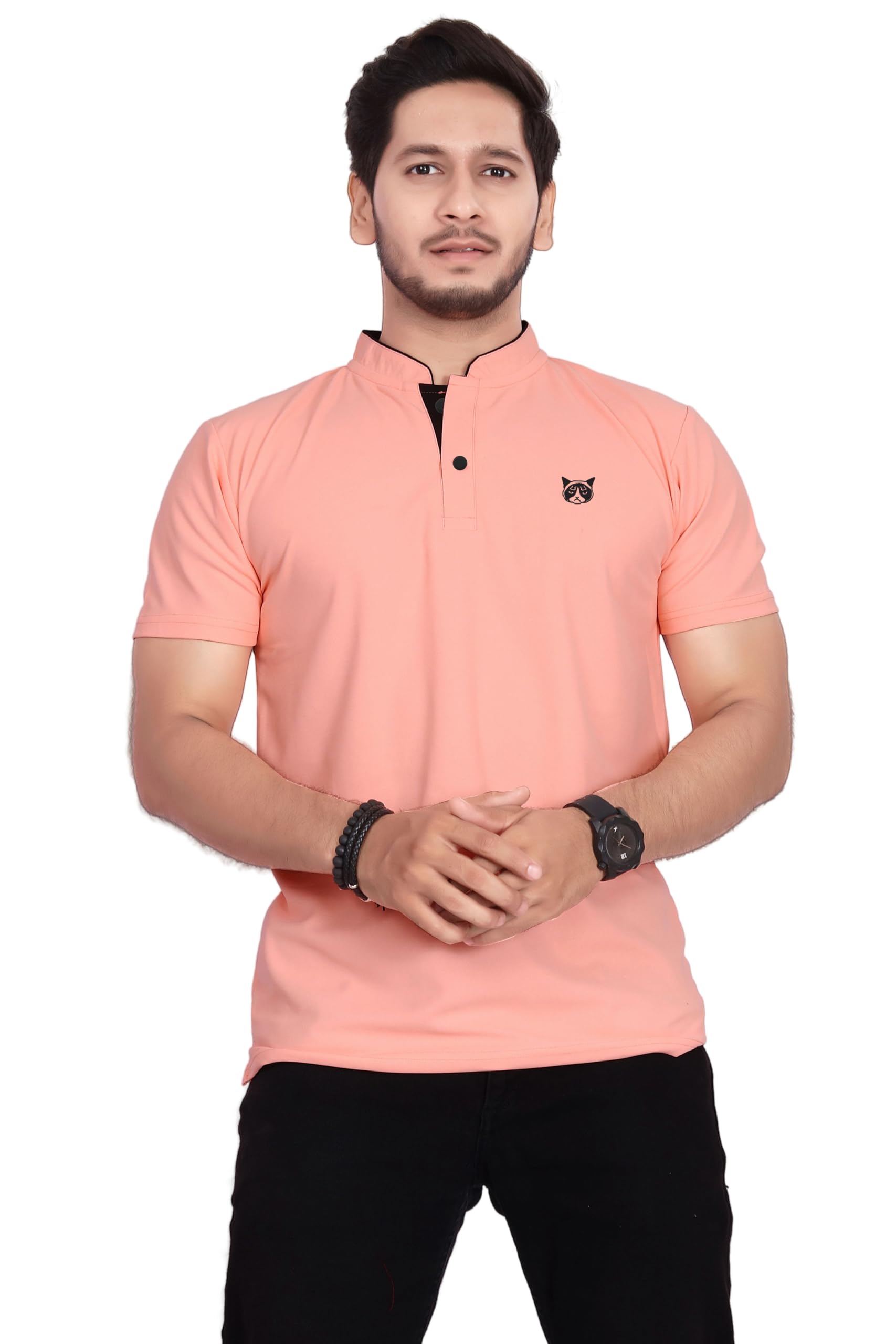 BAGHADBILLO Men's and Boy's Polyster T-Shirt with Mandarin Collared Neck Half Sleeves Closuer Button and Regular Fit | Polo t Shirt for Man