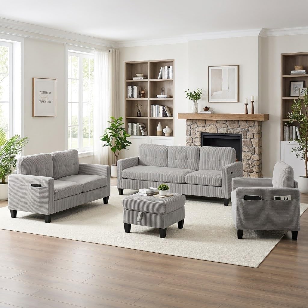 Mjkone 3 Pieces Living Room Set, Corduroy Sectioanl Sofa Set with Storage Ottoman, Convertible Couches with Side Pockets, L Shaped Sofa + Loveseat + Armchair for Living Room Apartment Office, Grey
