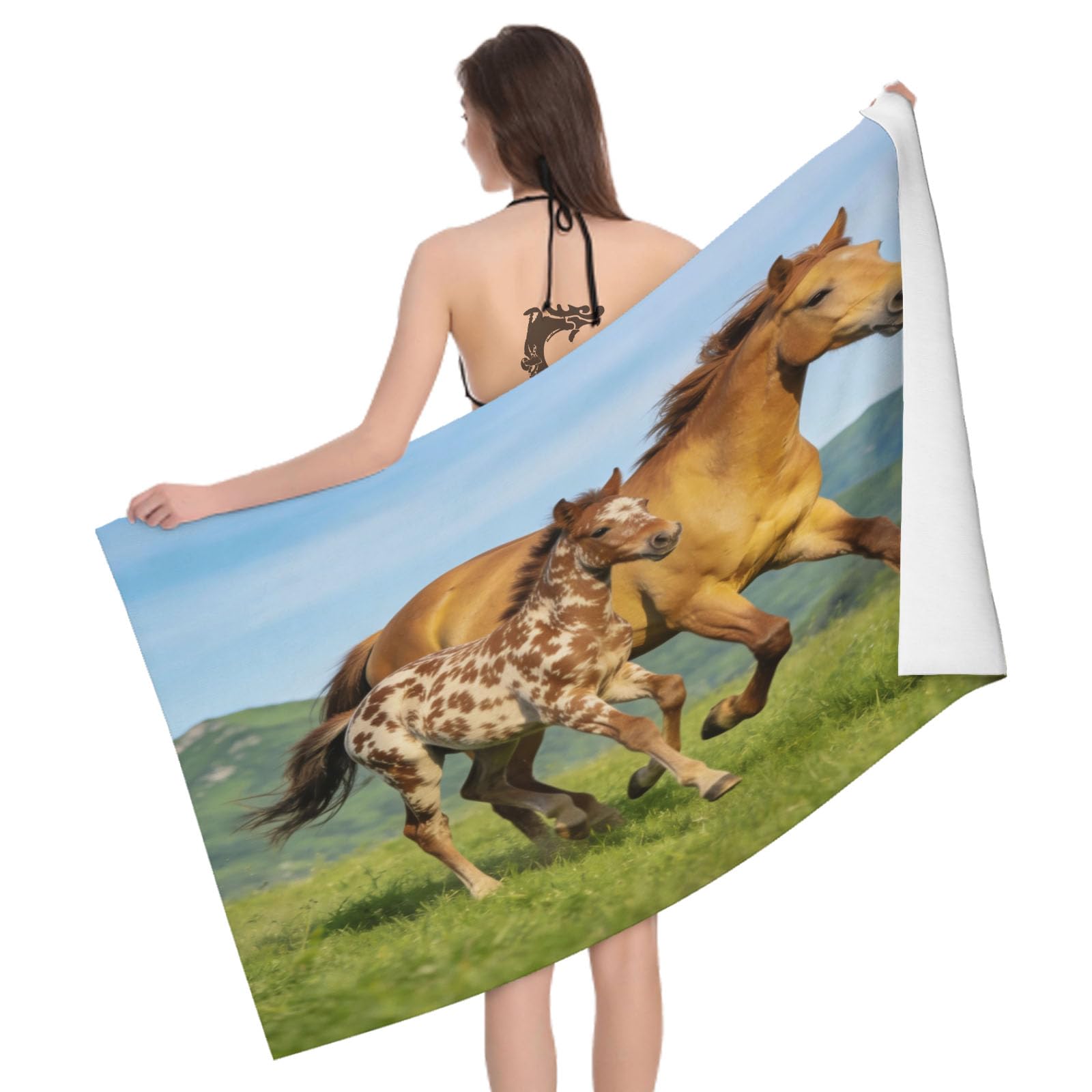 Leichong 3D Prairie Horse Beach Towel Microfiber Soft Quick Dry for Adults, Outdoor Bath Towel Lightweight Soft Absorbent for Travel Swimming Pool Sports, 75 x 150 cm