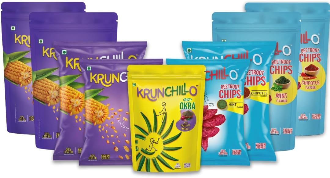 KRUNCHILLO - Beetroot, Corn and Okra Chips |Small and Jumbo Pack |Healthy Snacks | High Protein | Source of Fiber |Assorted Pack | 50% Less oil Vaccum Cooked (380gm- Pack of 9)