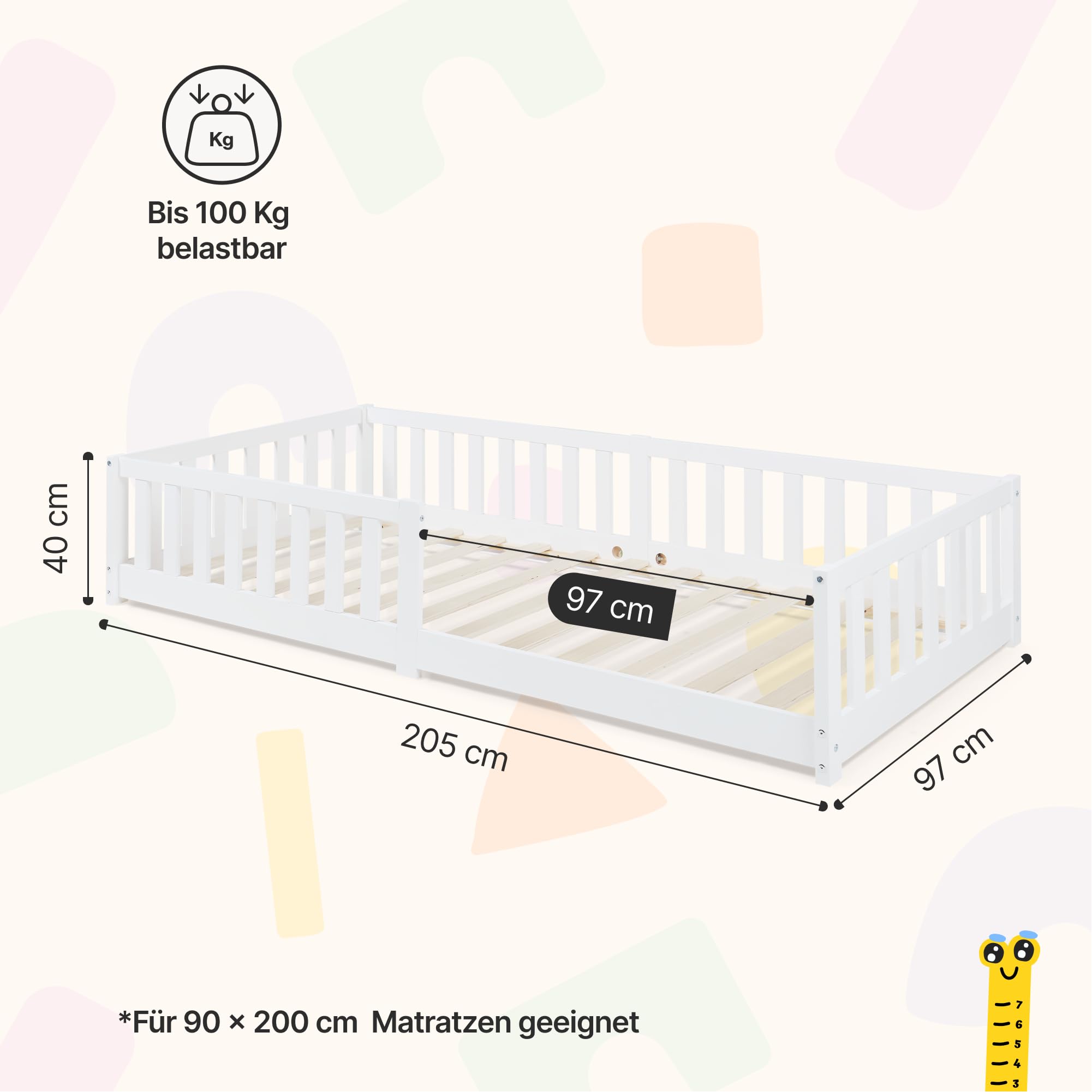 [en.casa] Kinderbett Tanna Bodenbett 90 x 200 cm Holzbett für Kinder mit Rausfallschutz Montessori Bettgestell mit Lattenrost Kiefernholz Weiß