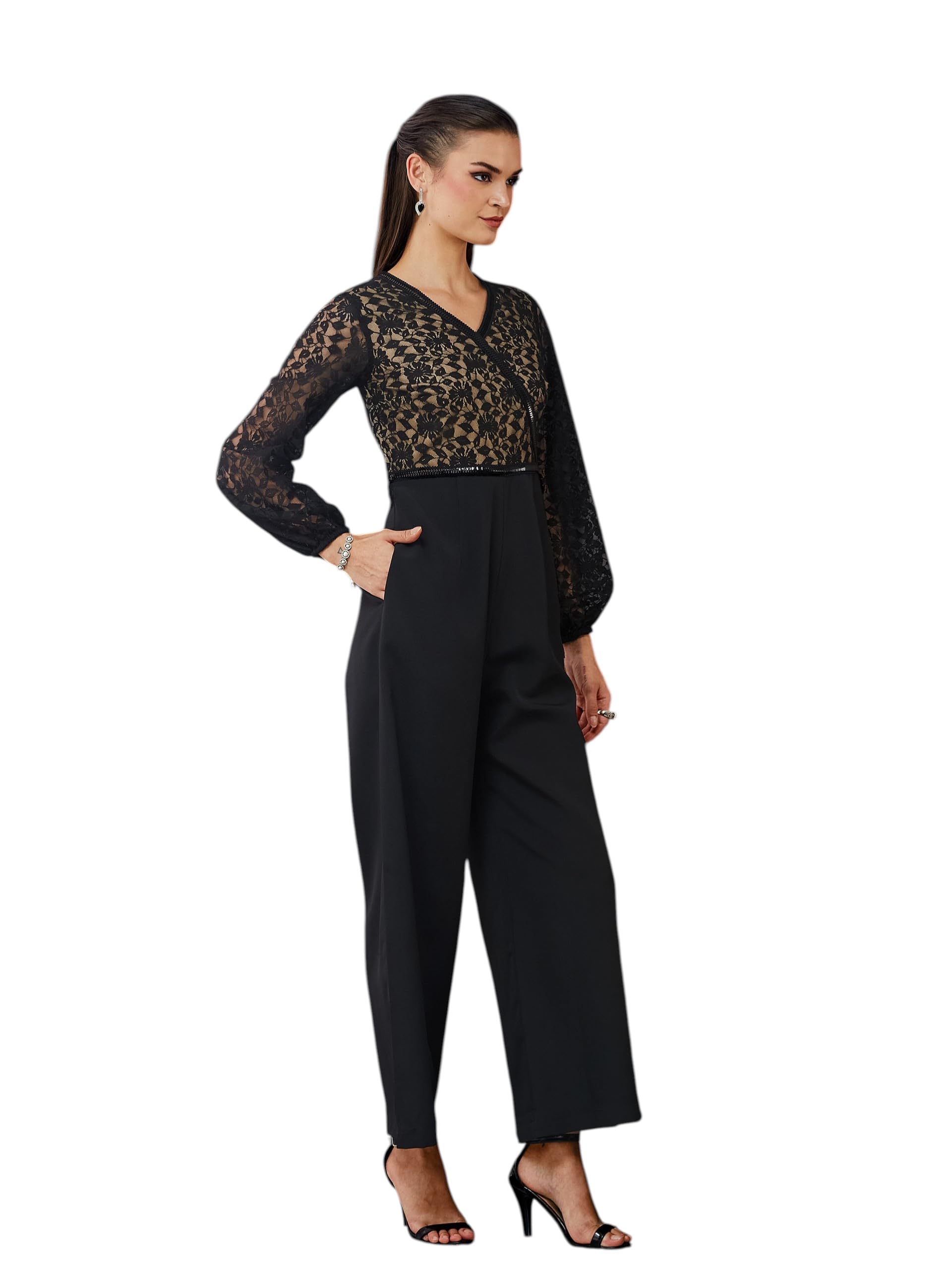 miss chase Self-Design Crepe V-Neck Jumpsuit with Balloon Sleeves and Lace Detailing-picture-21