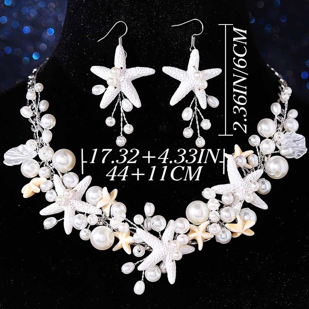 Unicra Silver Starfish Jewelry Set Pearl Mermaid Ocean Necklace Earrings Sets Beach Wedding Jewelry Sets for Women and Brides