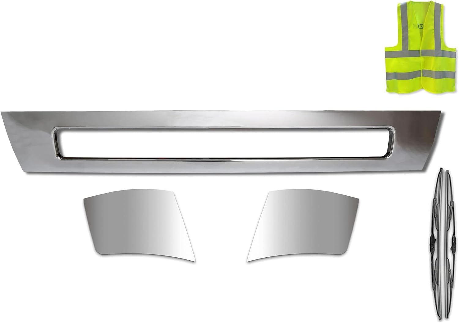 KOZAK Central Bumper Chrome Strip and Bumper Extension Corners Chrome Trim Set Compatible with Volvo VNL 2004-2015, Includes Logo, 2X 22 Windshield Wipers, and Reflective Vest