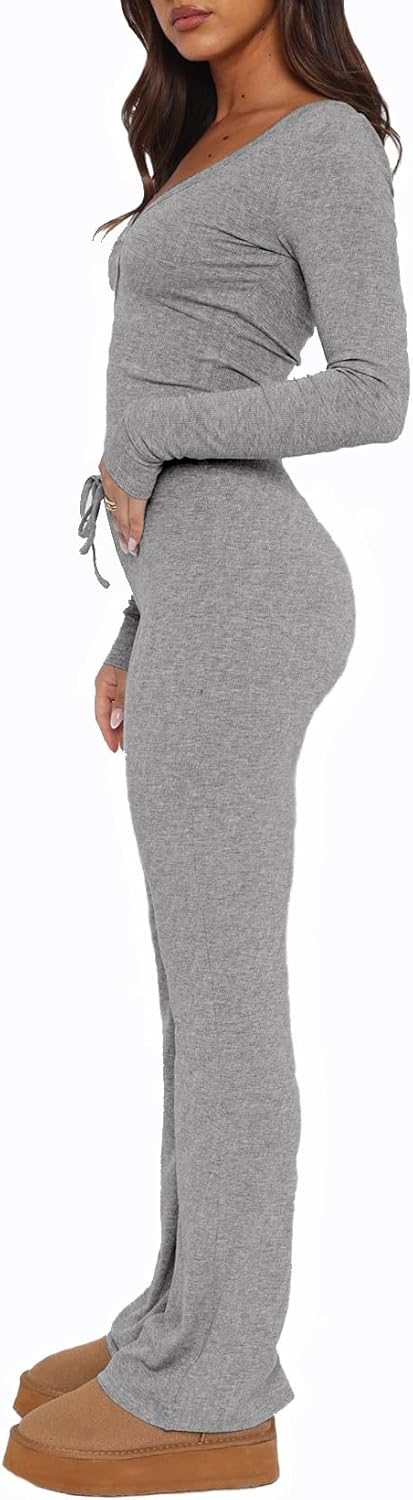 Womens 2 Piece Lounge Sets Long Sleeve Crop Tops V Neck Flare Pants Set Fall Y2k Ca... - Image 2