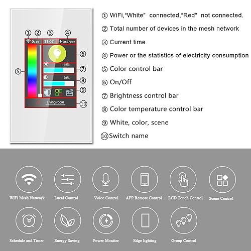 Miniatura 8 de LANBON Interruptor de tira de luz inteligente L8 LCD, con tira de luces LED de 32.8 pies, interruptor de pantalla táctil de pared WiFi de 2.4 G,
