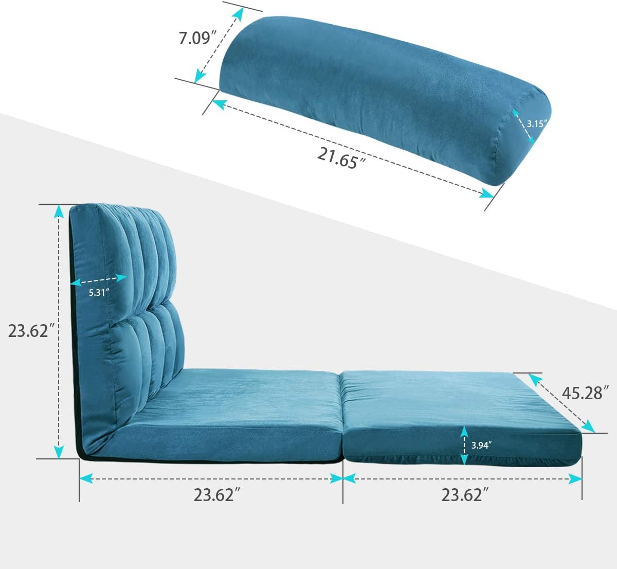 Harper & Bright Designs Double Chaise Lounge Sofa with Two Pillows, Adjustable Floor Couch and Sofa, Foldable Love Seat for Living Room and Bedroom (Blue)
