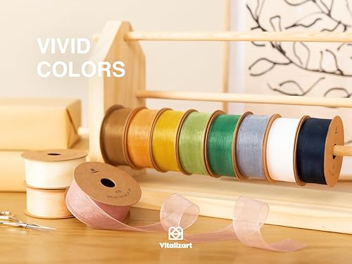 Miniatura 6 de Vitalizart Cinta verde y crema de organza transparente de 1 pulgada x 30 yardas, hechas a mano de tela ecológica para envolver regalos, árbol de