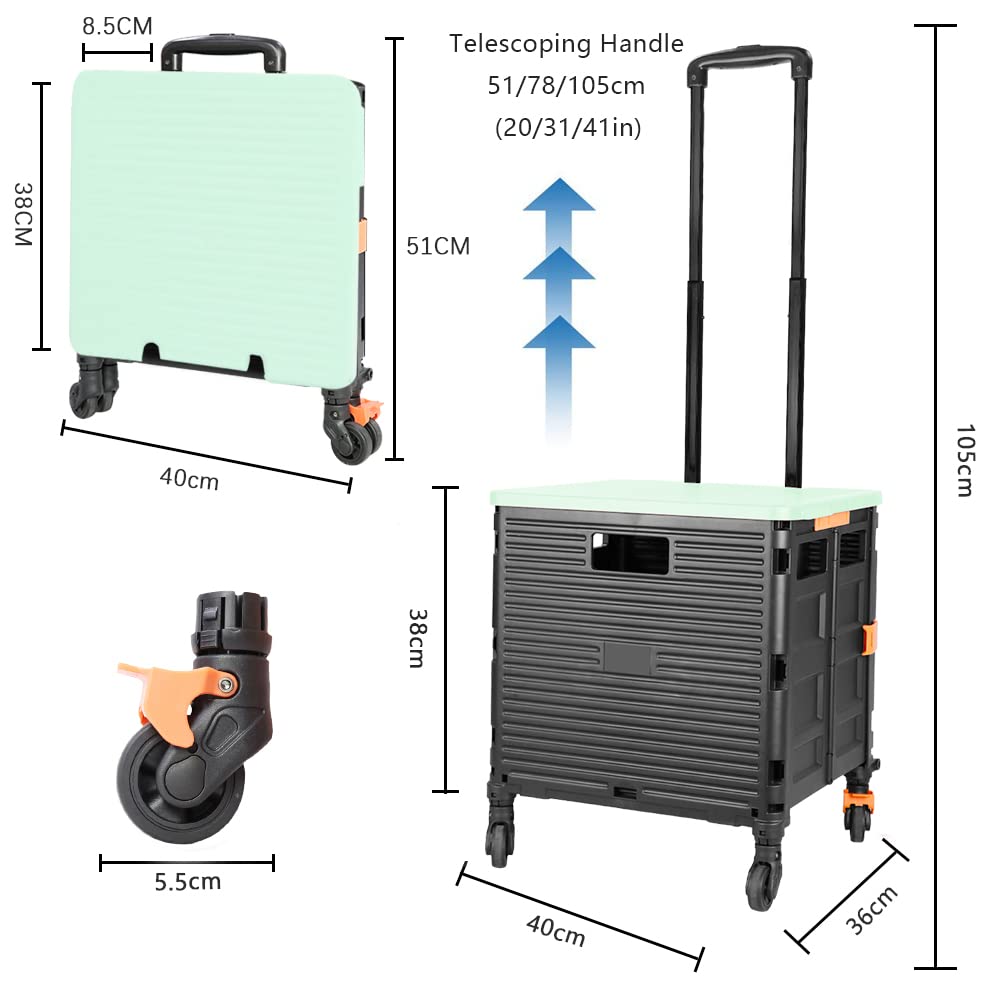 Carrello Spesa Pieghevole 4 Ruote, 1.93Cu ft/100Lbs Alta Capacità Tirante Retrattile in Acciaio Inossidabile Ruote Girevoli a 360° Rimovibili per Picnic Viaggiare Conservazione, Verde