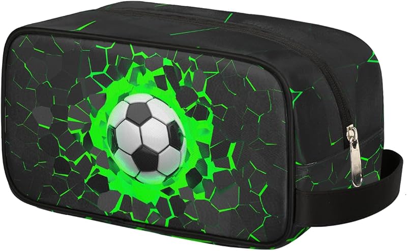 Necessaire infantil de viagem Ackutea com zíper, alça para pendurar e estampa Green Soccer Ball