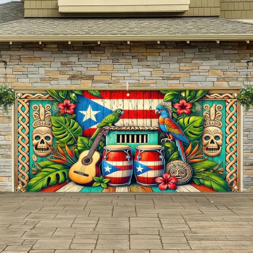 BlissYard Puerto Rico Parrot Totem Garage Door Cover 13x6 ft Banner