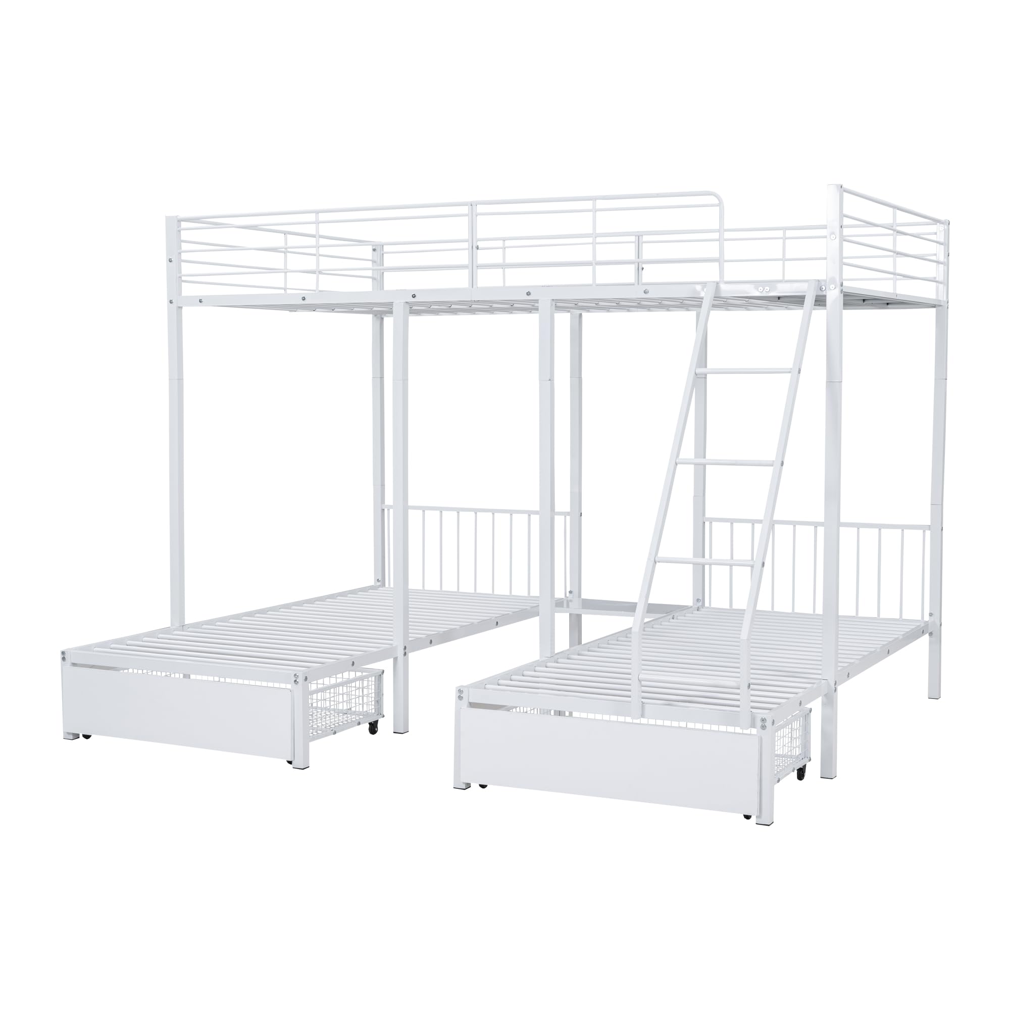 Lexiou Letto a castello triplo con cassetti, struttura letto in metallo, convertibile in letto matrimoniale 140 x 200 e due letti singoli 90 x 200, letto a castello multifunzionale in metallo (Bianco)