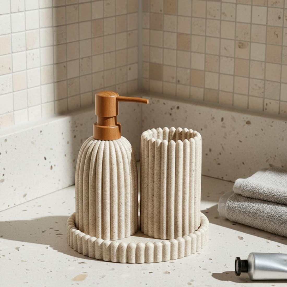 MASON HOME Terra Ribbed Bathroom Set - Beige (Set of 3) | Accessories Set - 1 Tray, 1 Tumbler & 1 Liquid Soap Dispenser | Toothbrush & Tooth Paste Stand - Handwash - Washroom Décor | Hotel - Café-image-12