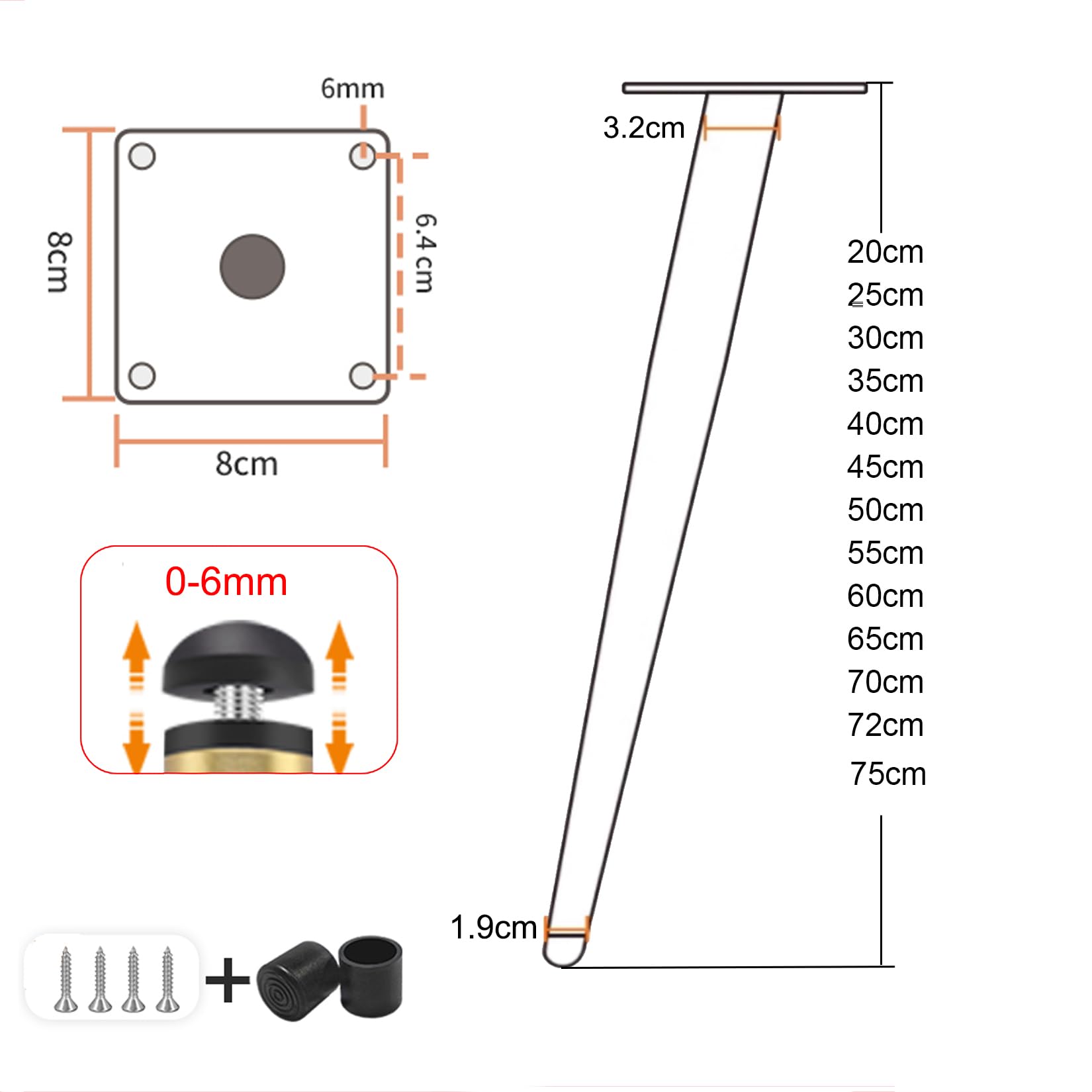 4 Pezzi Piedini Regolabili per Mobili Conico Piedi per Tavolino Gambe di Ricambio Obliquo per Divano Poltrone Cabinet Letto Tavolo Armadio Cassetti,con Viti (Bianco+Oro,40cm)