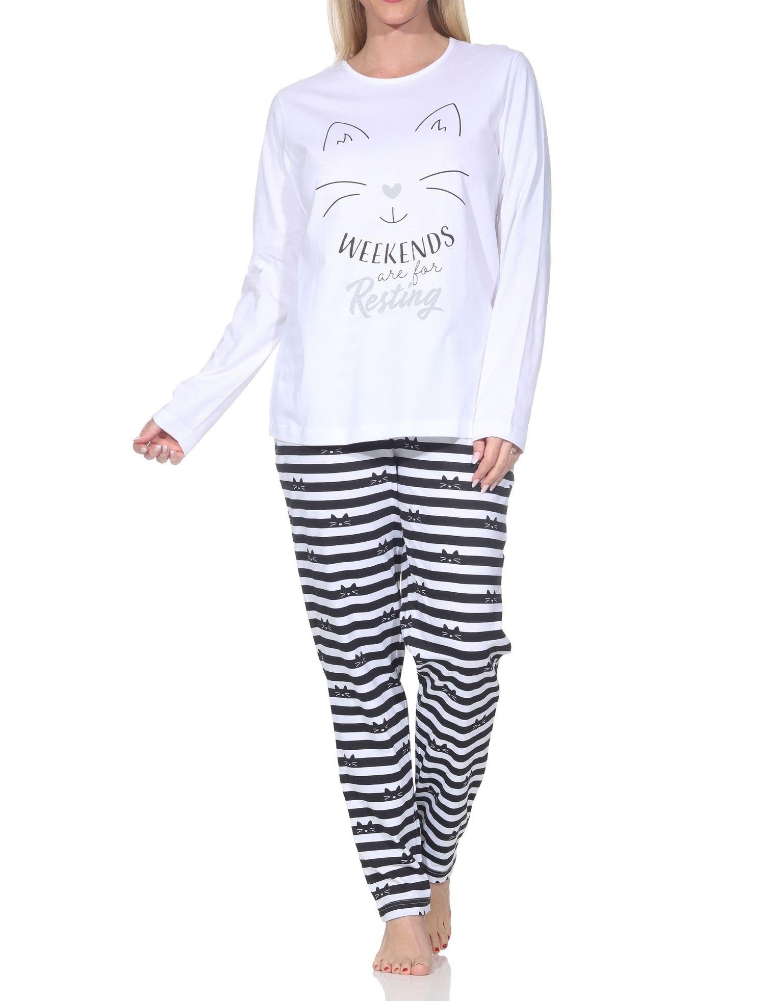 Normann Women's Long Sleeve Pyjamas in Cat Look - Also in Plus Size, White, 48-50