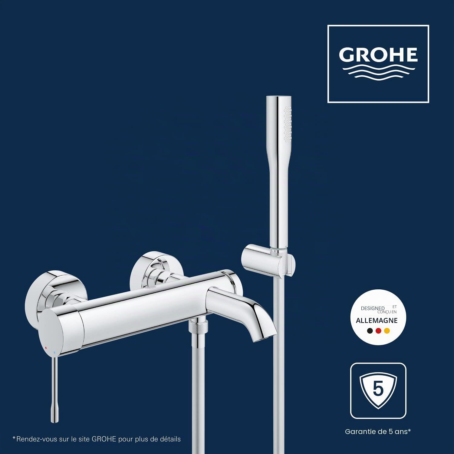 GROHE Essence Mitigeur Bain/Douche à levier unique avec Kit de Douche avec Mitigeur de Douche, tuyau et fixation Murale, Chrome, 33628001