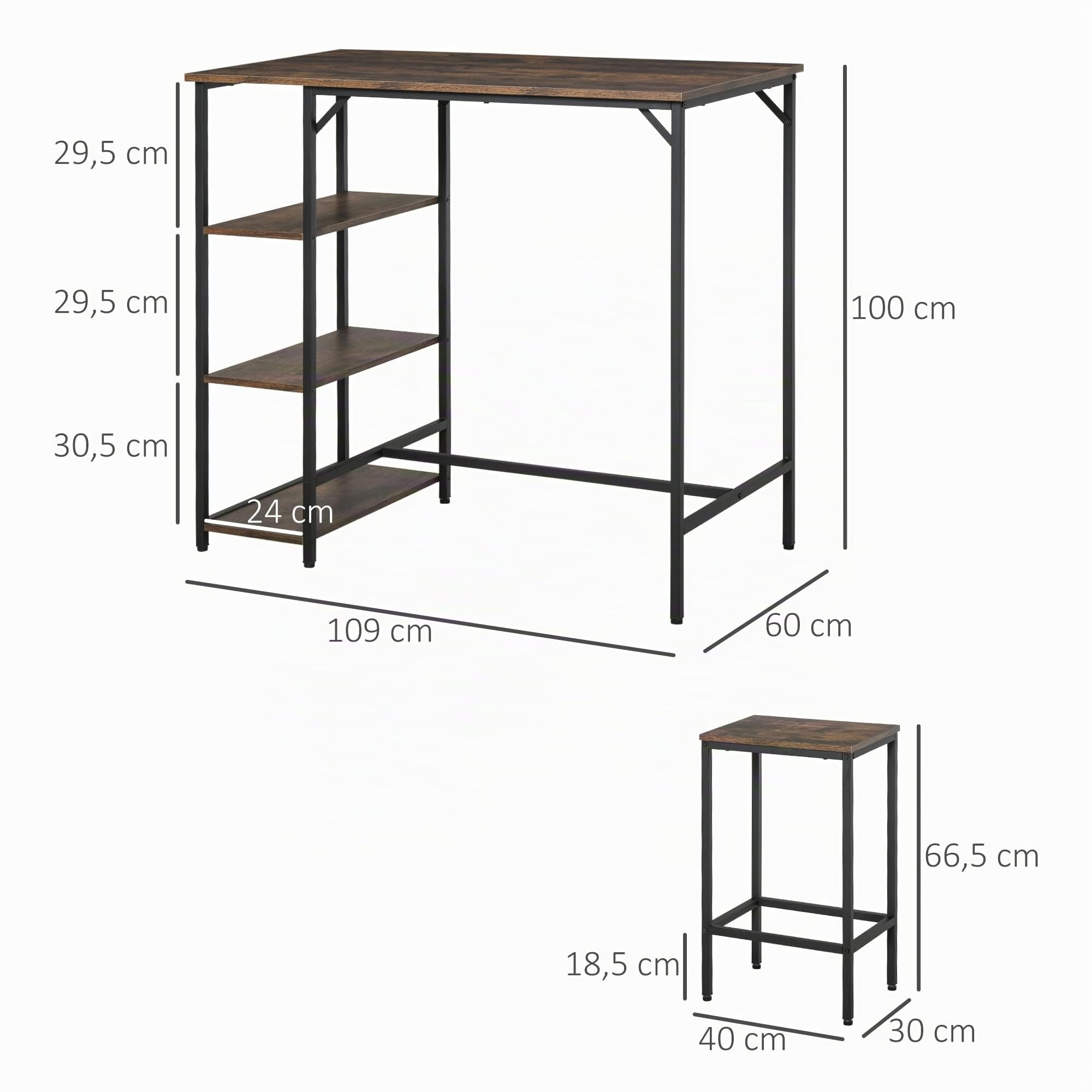 HOMCOM Set de Mesa de Bar y 2 Taburetes 109x60x100 cm Marrón Rústico | Mesa Alta, Reposapiés, Estantes de 3 Niveles, Almohadillas Ajustables, Cocina Comedor