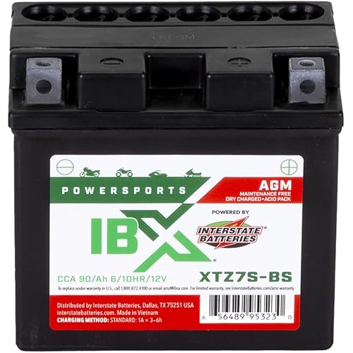 Interstate Batteries YTZ7S-BS 12V 6Ah Powersports Battery 90CCA AGM Rechargeable Replacement for Honda, Kawasaki, Yamaha Motorcycles, Scooters, ATVs (XTZ7S-BS)