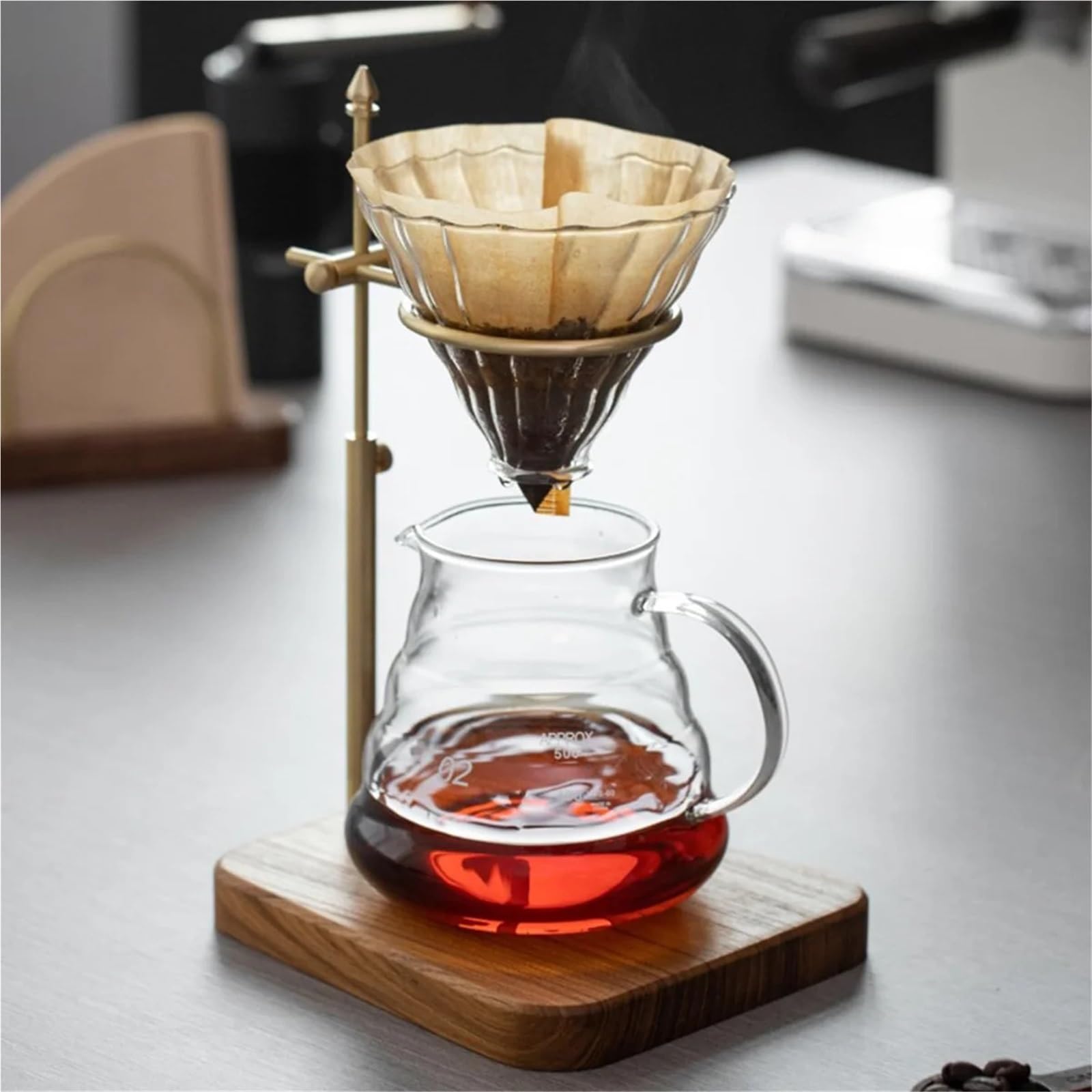Estación de café con soporte for verter | Filtro ajustable en altura con gotero de cobre puro con base de madera de nogal