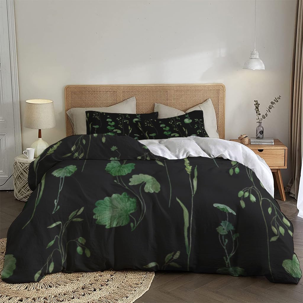 NIBAINLO 布団カバー水彩画の野生の花、緑のハーブ、黒地に花柄 肌に優しい ピーチスキン加工 掛け布団カバー 和式 洋式 あったか 布団カバーセット リバーシブル ホームステイ ホテル 家庭兼用