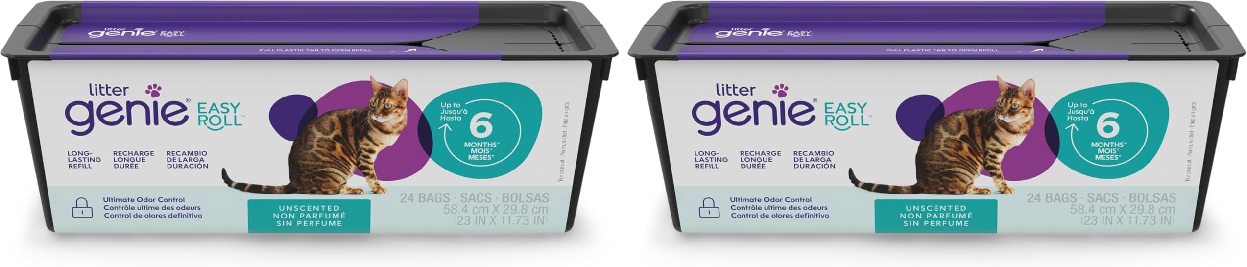 Litter Genie Easy Roll Refill Bags | Up to 6 months of supply in 1 Roll - 24 tear-off Bags | Ultimate Odor Control Cat Litter Bag (Pack of 2)