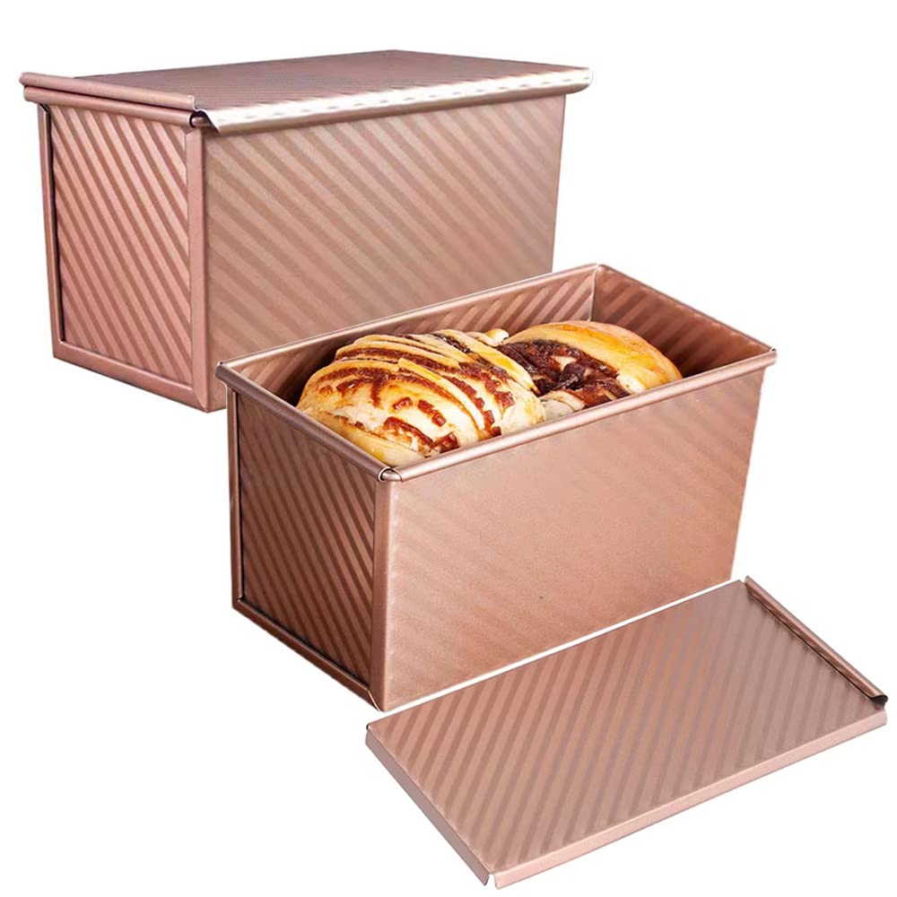 EGEN Bread Pan Loaf Pan for Baking with Lid, Non-Stick Carbon Steel Baking Bread Toast Mold Loaf Baking Pan Set (Golden-2Pcs)