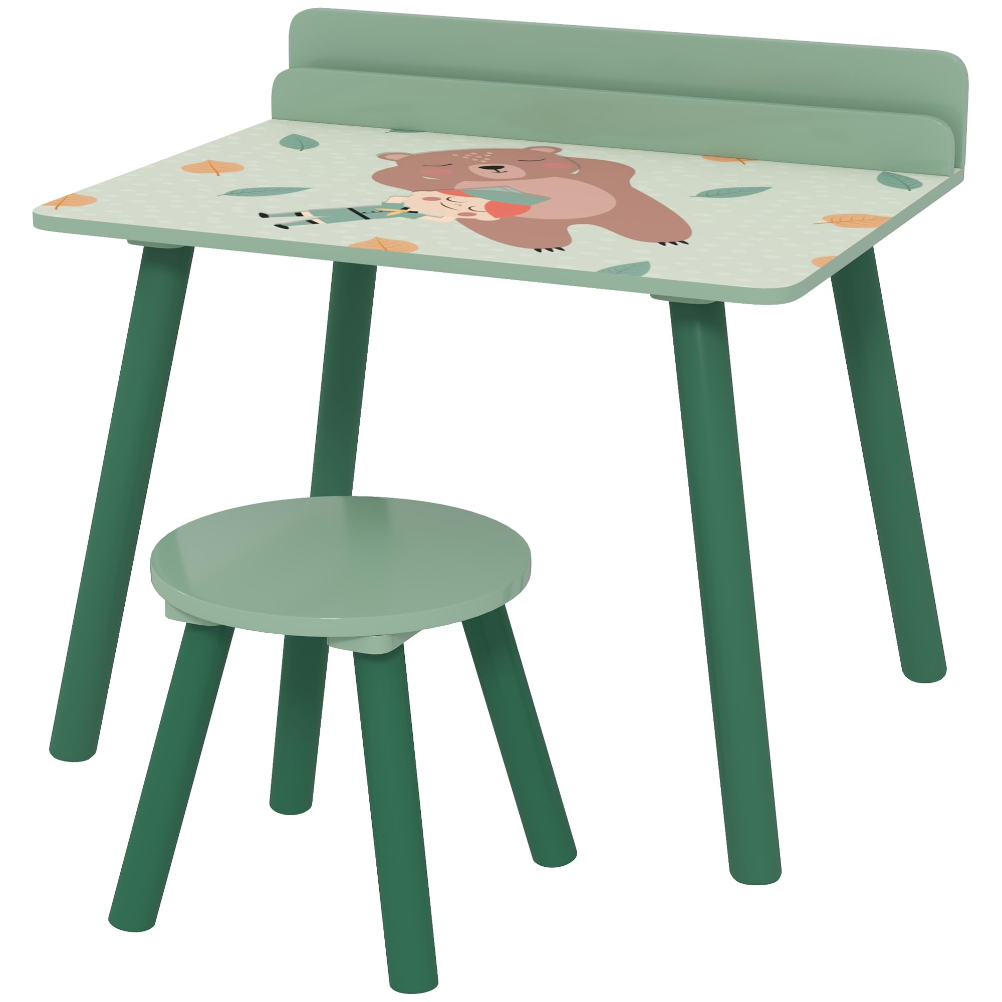 AIYAPLAY Mesa y Silla Infantiles de 2 Piezas Mesa Infantil con Silla y Estante para Libros Escritorio para Niños de +3 Años para Sala de Juegos Verde
