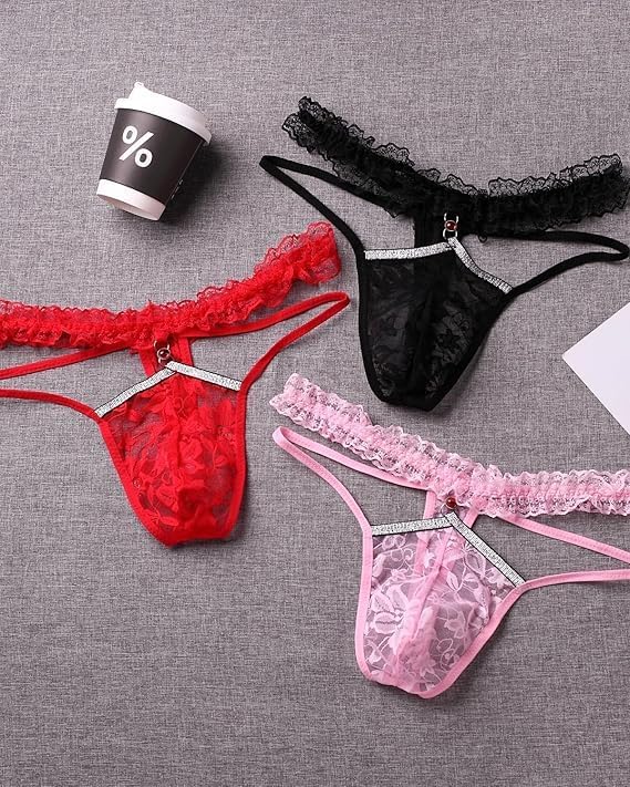 Men's Lace Frilly Sissy Panties Pouch Thong, Feminine G string Underwear For Men Sexy Gay Lingerie Crossdresser Pink - Image 3